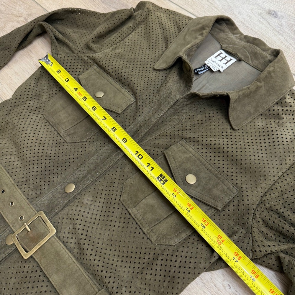 Haute Hippie Suede Leather Shirt Dress Olive Green Perforated Belted Utility - Picture 14 of 16